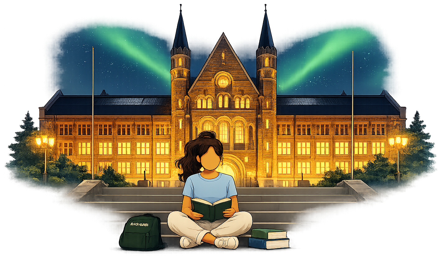 A student reading on the steps of a Nordic university beneath the northern lights