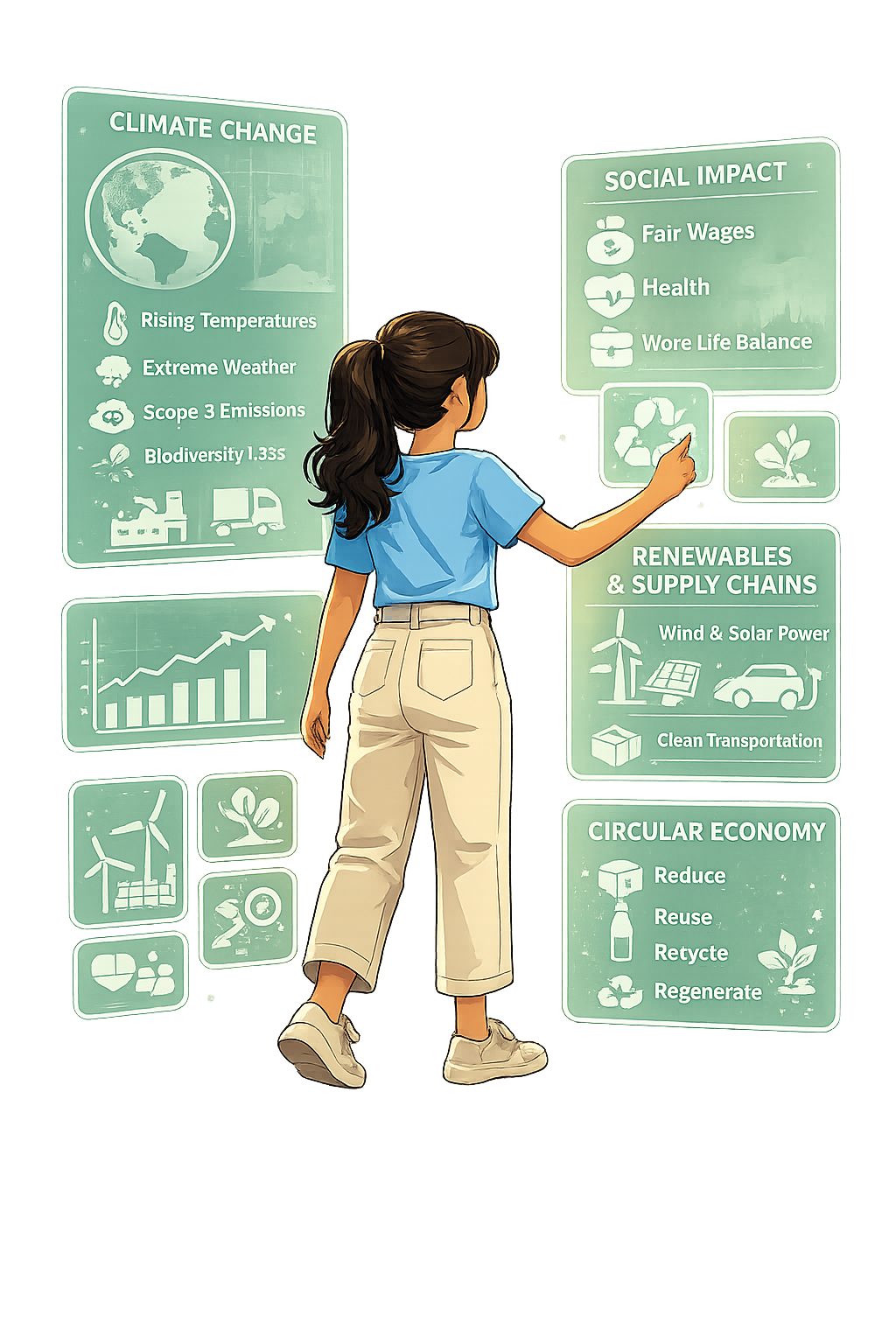 A person reviewing sustainability themes — climate change, social impact, renewables and supply chains, and the circular economy